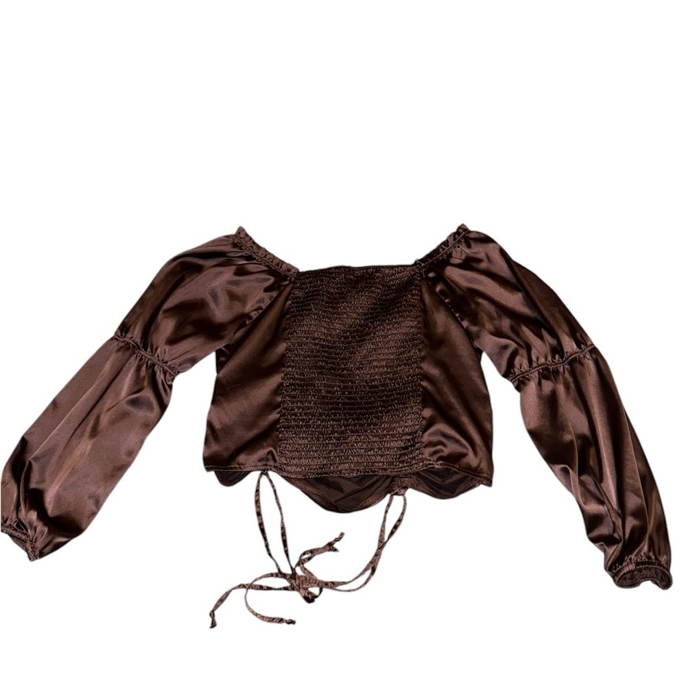 Satin-Like Brown Off The Shoulder Top - Picture 2 of 3